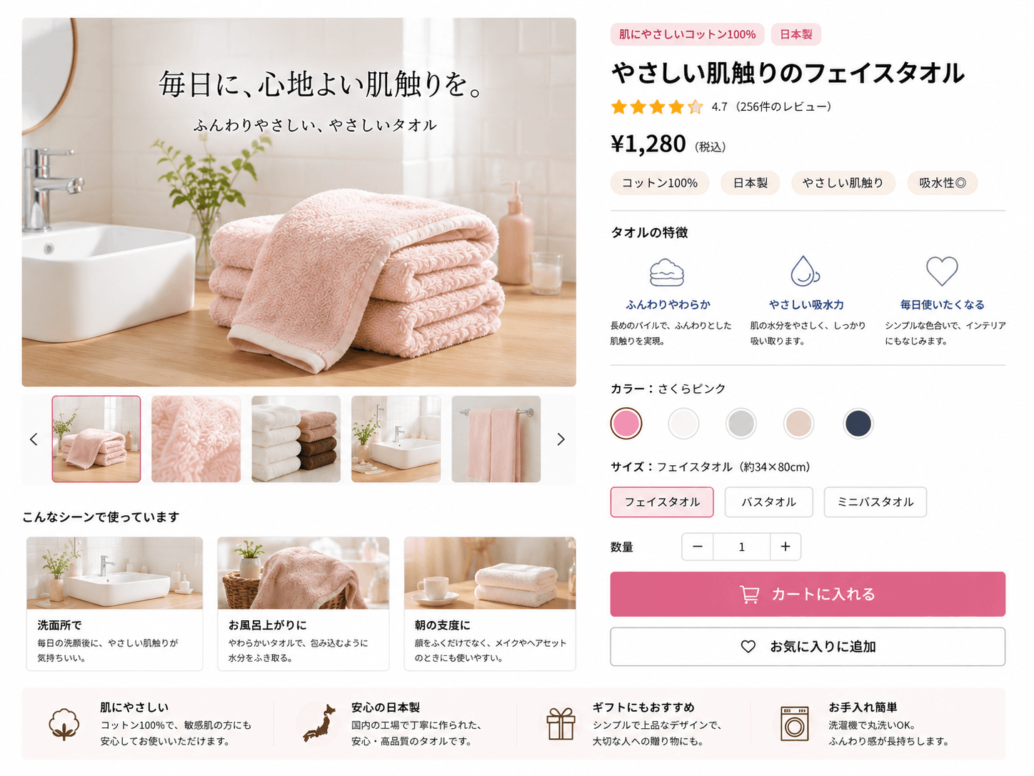30代女性の自宅利用を想定し、肌触りとやわらかさを訴求したタオル商品ページの例