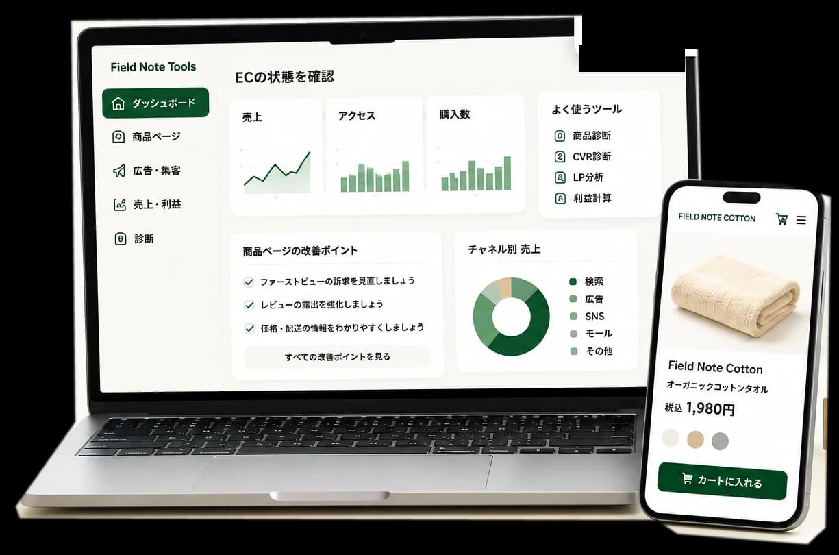 EC管理画面を表示したノートパソコンと、商品ページを表示したスマートフォン