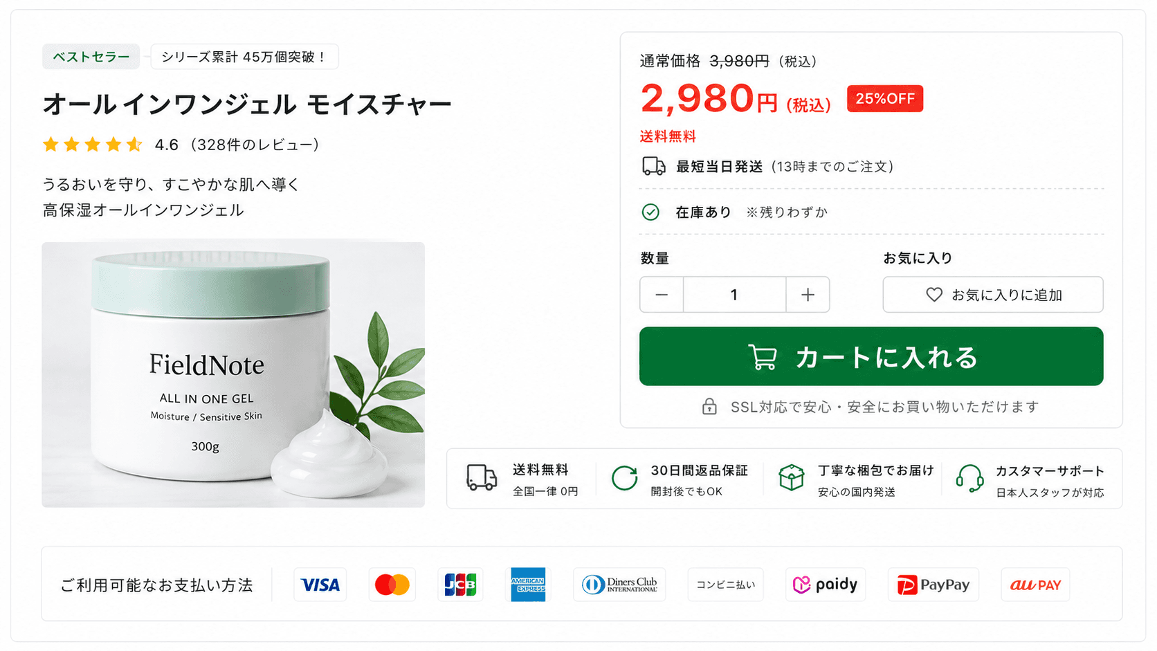 価格、送料、在庫、数量、カート、支払い方法など購入に必要な情報をまとめた購入導線の例
